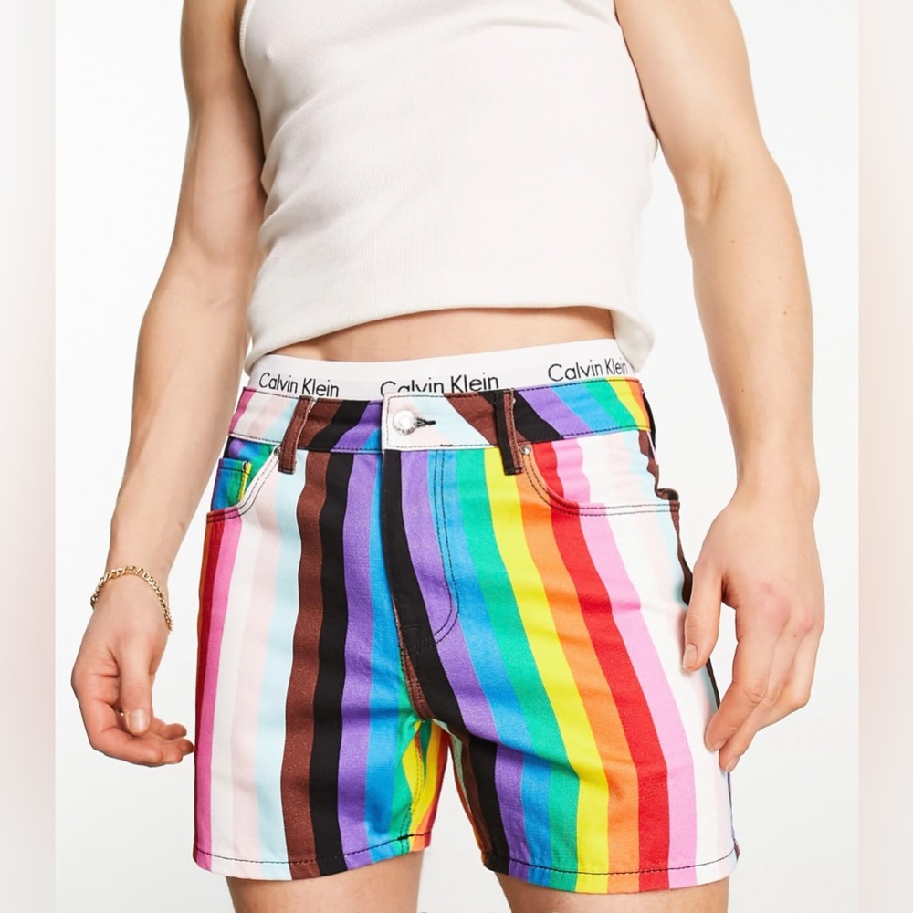 ASOS DESIGN | Shorter length denim shorts with rainbow print